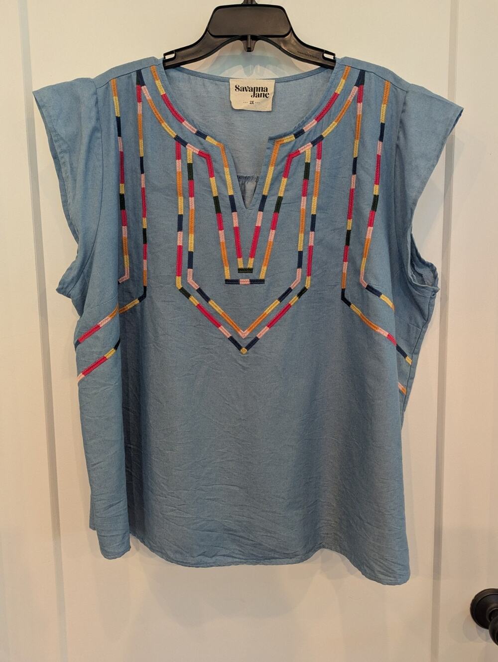 Savanna Jane 2X Blue Tencel Multicolor Embroidery V-Neck Cap Sleeve Tunic Preppy
